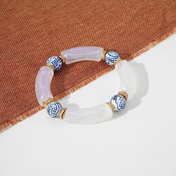 Colorful Acrylic Bead Elastic Cord Bracelet Summer Beach Women's Stacked Thick Bamboo Tube Bracelet Friendship Bracelet Jewelry
