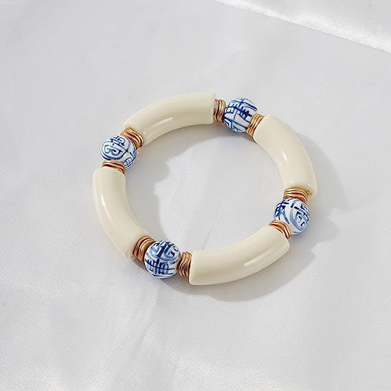 Colorful Acrylic Bead Elastic Cord Bracelet Summer Beach Women's Stacked Thick Bamboo Tube Bracelet Friendship Bracelet Jewelry