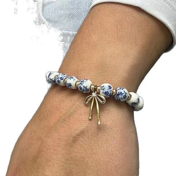 Amazon Blue and White Porcelain Beaded Bracelet MAMA Vintage Blue and White Porcelain Beads Gold Beads Elastic Bracelet