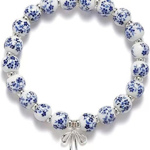 Amazon Blue and White Porcelain Beaded Bracelet MAMA Vintage Blue and White Porcelain Beads Gold Beads Elastic Bracelet