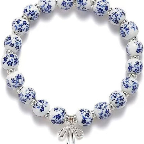 Amazon Blue and White Porcelain Beaded Bracelet MAMA Vintage Blue and White Porcelain Beads Gold Beads Elastic Bracelet