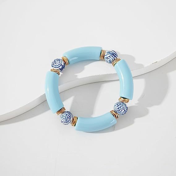 Colorful Acrylic Bead Elastic Cord Bracelet Summer Beach Women's Stacked Thick Bamboo Tube Bracelet Friendship Bracelet Jewelry