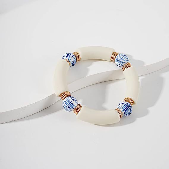 Colorful Acrylic Bead Elastic Cord Bracelet Summer Beach Women's Stacked Thick Bamboo Tube Bracelet Friendship Bracelet Jewelry