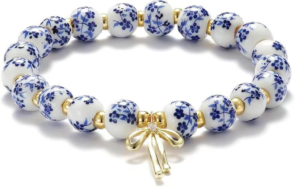 Amazon Blue and White Porcelain Beaded Bracelet MAMA Vintage Blue and White Porcelain Beads Gold Beads Elastic Bracelet