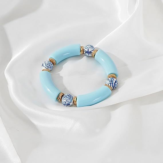Colorful Acrylic Bead Elastic Cord Bracelet Summer Beach Women's Stacked Thick Bamboo Tube Bracelet Friendship Bracelet Jewelry