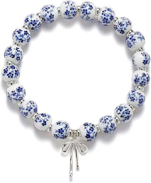 Amazon Blue and White Porcelain Beaded Bracelet MAMA Vintage Blue and White Porcelain Beads Gold Beads Elastic Bracelet